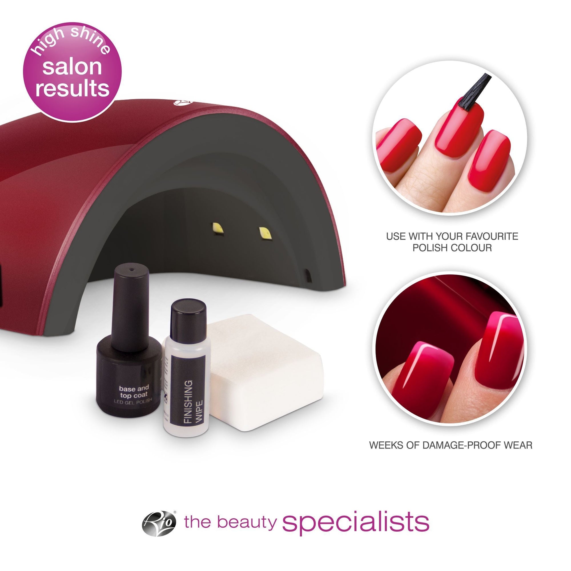 Rio 14 day gel nails kit captioned high shine results with hotspot images of gel manicured nails captioned use with your favourite polish colour and weeks of damage-proof wear