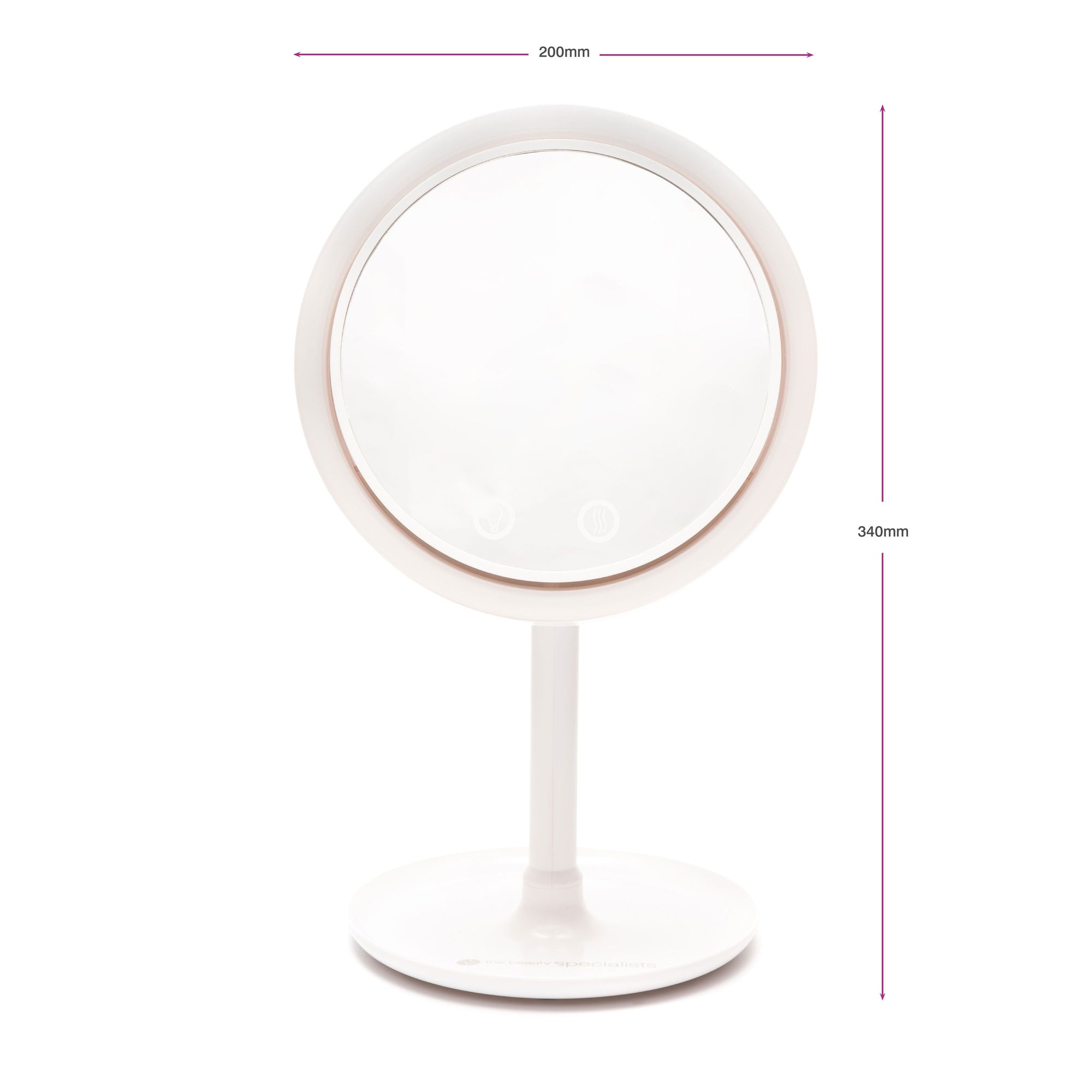 keep cool mirror with fan and LED light ring with arrows labelling height 340mm and width 200mm
