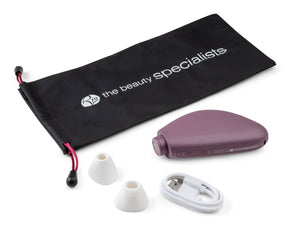Pore perfector wireless purple handset with 2 interchangeable suction heads usb cable and black protective draw string bag 