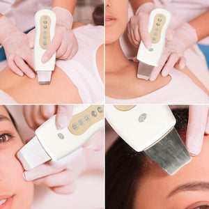collage of lady receiving ultrasonic facial treatment on different areas of the body including back chest face and forehead