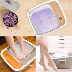 various shots of scandinavian jacuzzi foot spa in use 