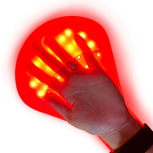 Underneath of handLITE LED light treatment glove turned on with a hand inside being treated.