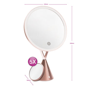HD illuminated make up mirror with arrows labelling height 340mm and width 210mm with inset image of compact 5x magnification mirror with arrows labelling dimensions 100mm