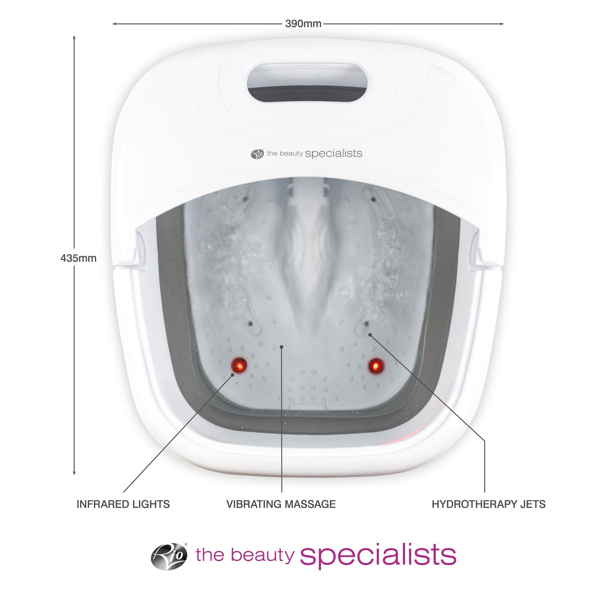 Foldaway foot spa bath with arrows labelling height 435mm and width 390mm and arrows pointing to infrared lights, vibrating massage and hydrotherapy jets 