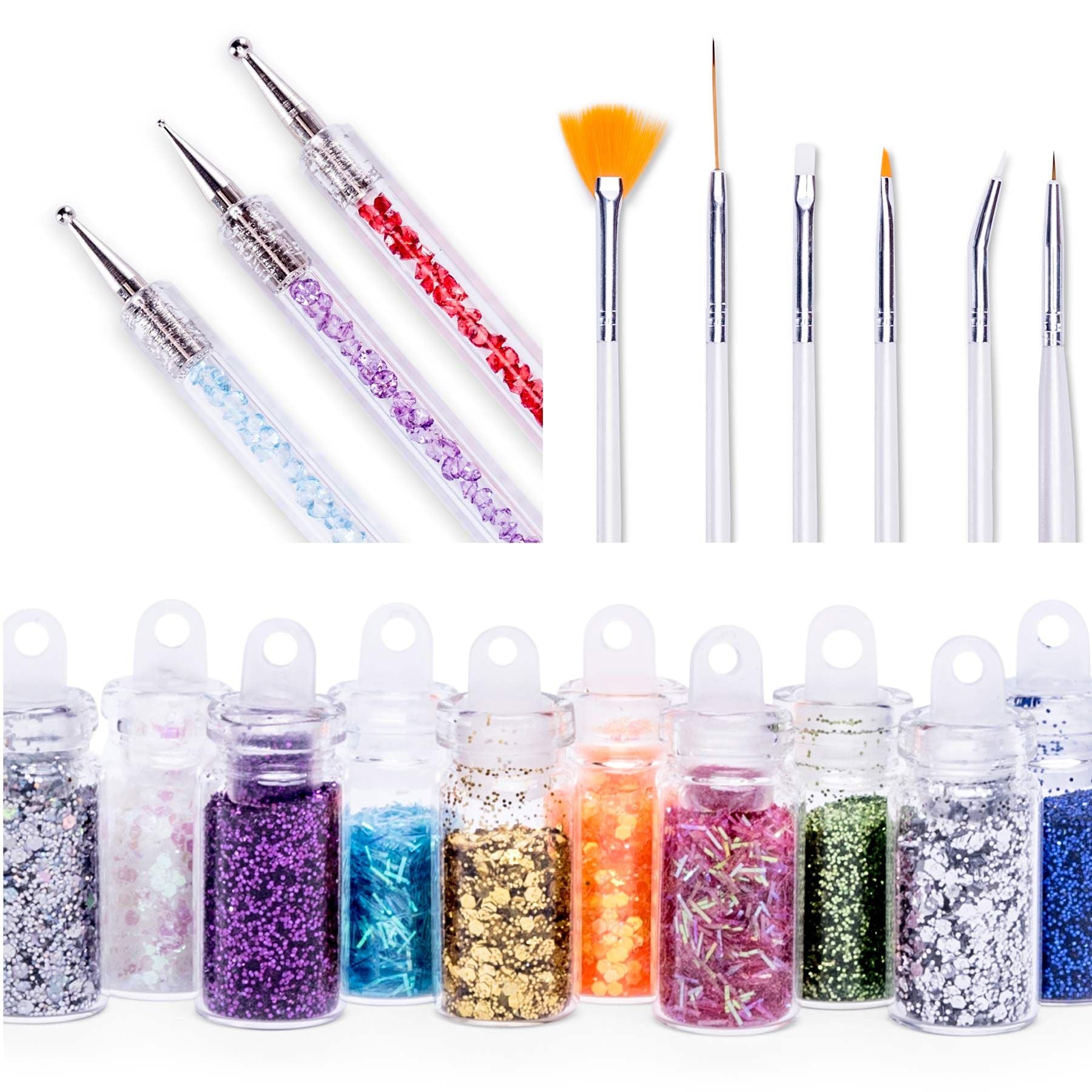 close up of double ended dotting tools, 6 nail brushes and glitter pots
