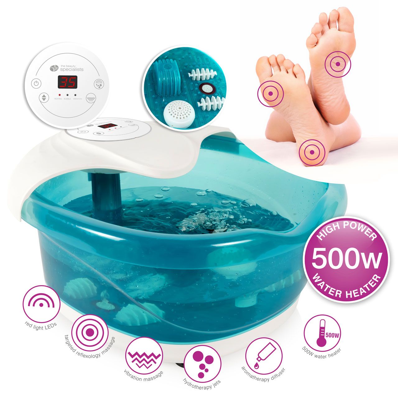 Luxury foot bath spa and massager with hotspot images of digital display screen and inside of footbath with icons listing features: red light LEDs, targeted reflexology massage, vibration massage, hydrotherapy jets, aromatherapy diffuser, 500w water heater