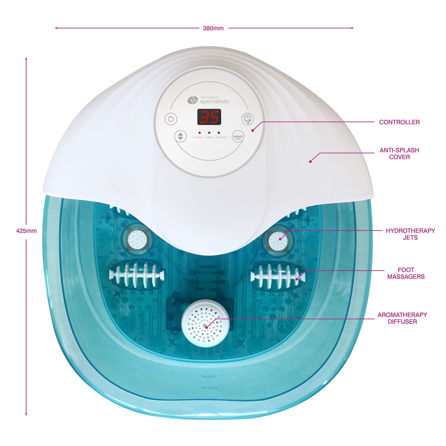 Luxury foot bath spa & massager with arrows labelling height 425mm and width 380mm and arrows pointing to controller, anti-splash cover, hydrotherapy jets, foot massagers and aromatherapy diffuser