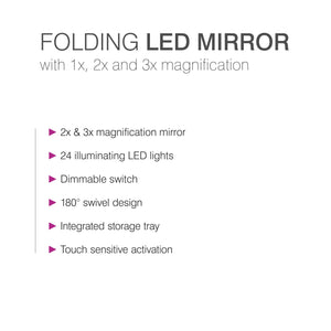 bulleted text listing features of 24 LED touch dimmable 3 way make up mirror 2x and 3x magnification mirror 24 illuminating LED lights dimmable switch 180 degree swivel design integrated storage tray touch sensitive activation