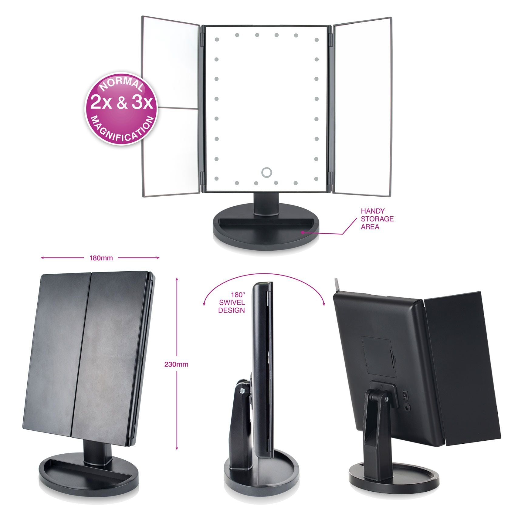 24 LED touch dimmable 3 way make up mirror with various inset images showing dimensions of closed mirror 180 degree swivel design and handy storage area