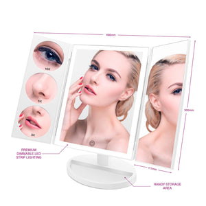 Full size LED make up mirror 1x 3x 5x 10x magnification with arrows labelling height 300mm and width 466mm and labelling premium dimmable strip lighting and handy storage area  