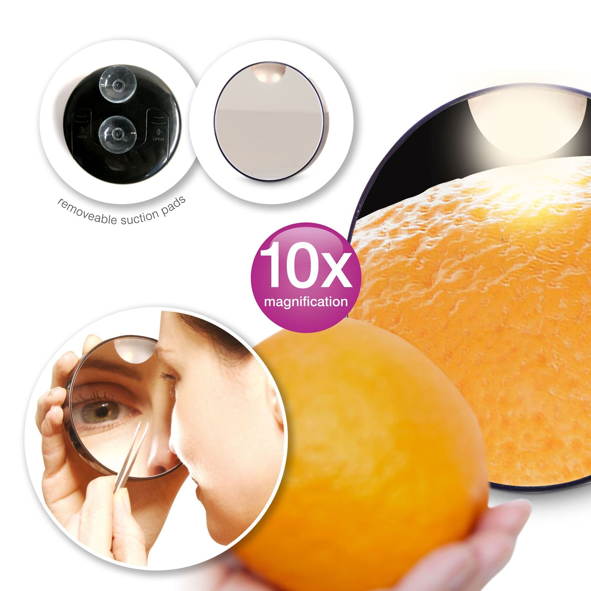 hotspot image of suction pads on the back of mirror a lady using mirror to tweeze her eyebrows and mirror reflecting 10x magnification on orange peel