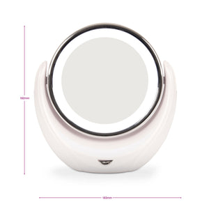 magnifying illuminated cosmetic mirror with arrows labelling height 182mm and width 183mm