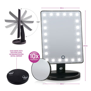 24 LED touch dimmable mirror with arrows labelling height 270mm and width 168mm base width 158mm with compact 10x magnification mirror smaller inset images of the mirror rotating back and forth on 180 degree swivel and image of back of compact mirror with removable suction cups 