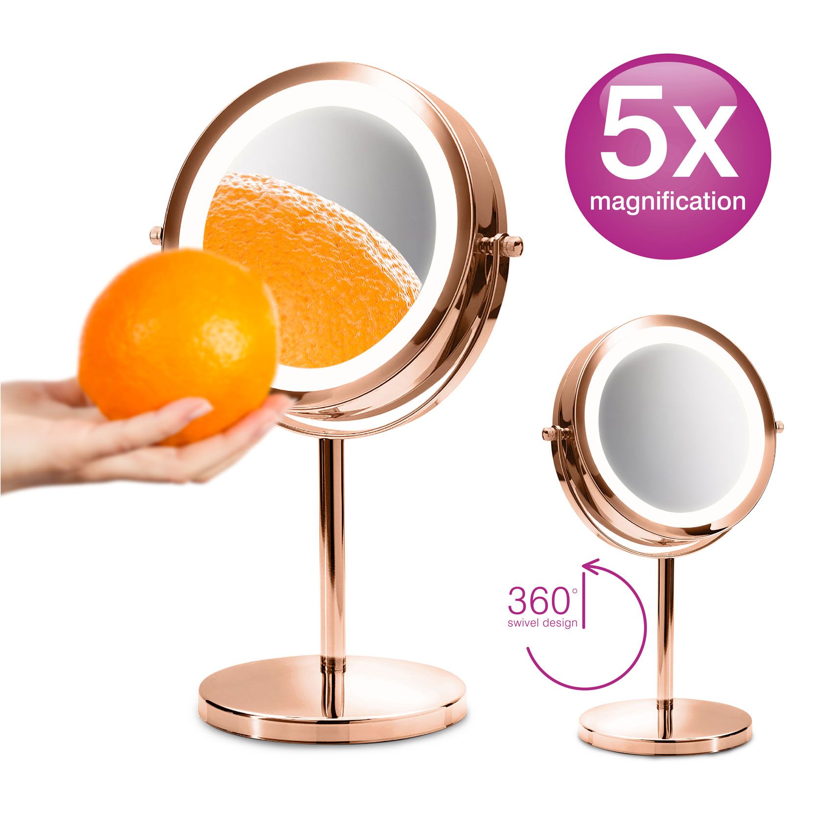 Rose gold double sided cosmetic LED mirror with orange in front of it reflecting the 5X magnification on the texture of the orange peel with inset image of mirror tilted back to demonstrate 360 swivel design 