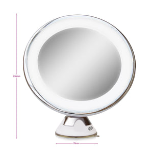 Multi use LED illuminated make up mirror with suction cup base and mirror tilted back with arrows labelling height 230mm and width 70mm
