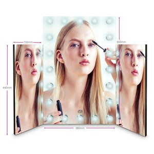 Premier Hollywood mirror with 20 LED light showing reflection of ladies face applying mascara with arrows labelling height 600mm and width 380mm of main mirror and height 440mm and width 150mm of side mirrors