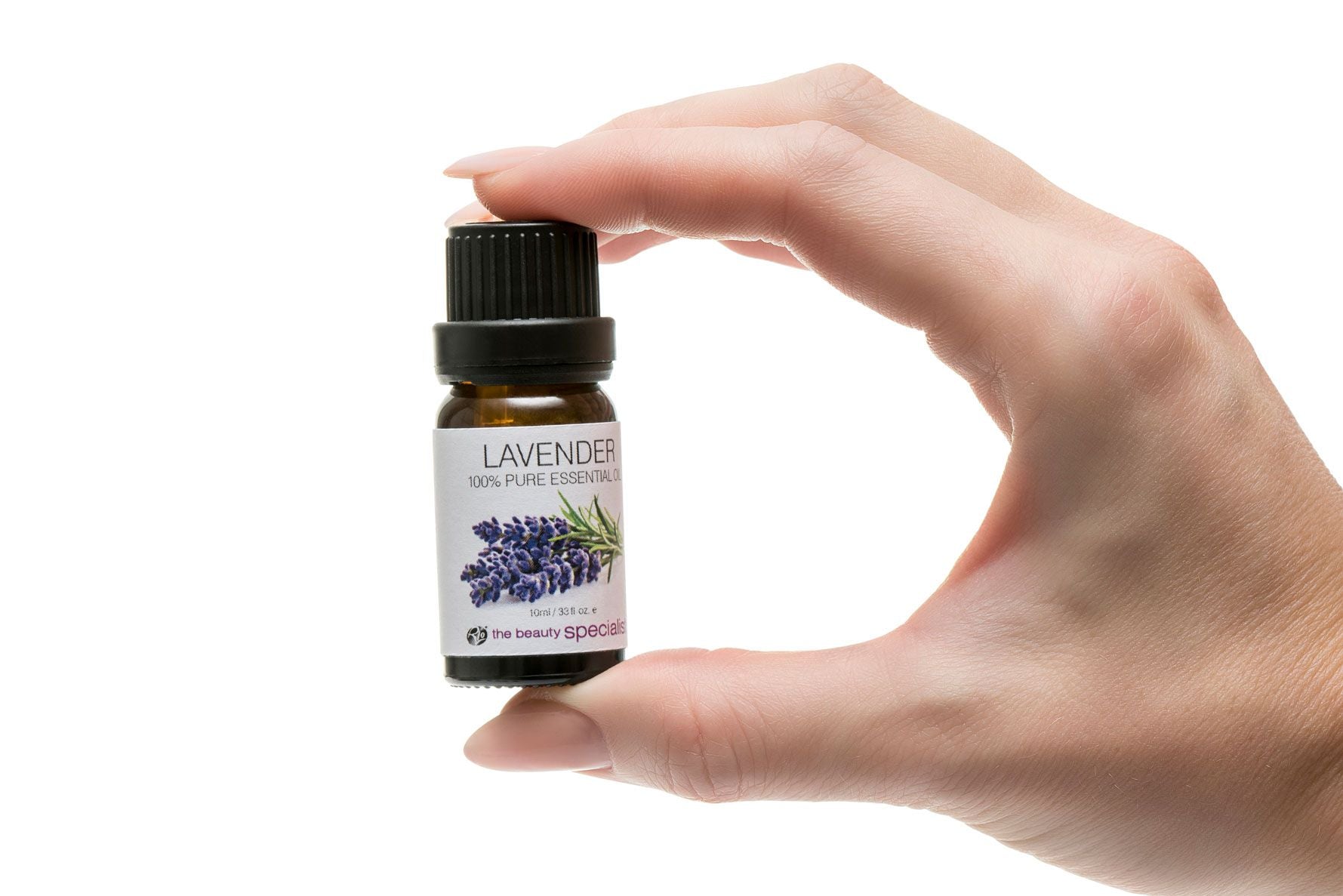 ladys hand holding 10ml bottle of lavender aromatherapy 100% essential oil 