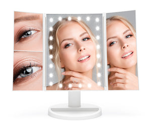 24 LED touch dimmable make up mirror with 2x 3x magnification in white with lights illuminated and reflection of ladies face in the various magnification mirrors