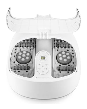 deluxe steam foot spa with splash cover lifted up so inside of footbath is visible showing pebble base and massage rollers