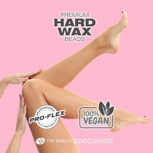 ladies smooth legs with premium hard wax beads logo and labelled 100% vegan and professional pro-flex wax