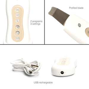 collage of different close ups of ultrasonic facial device including button controls for 2 different treatment programs and 3 settings the profiled blade and charging port with USB cable 