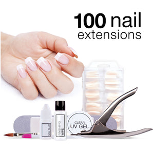UV Nail gel nail extensions kid with ladies manicured hand and captioned 100 nail extensions 