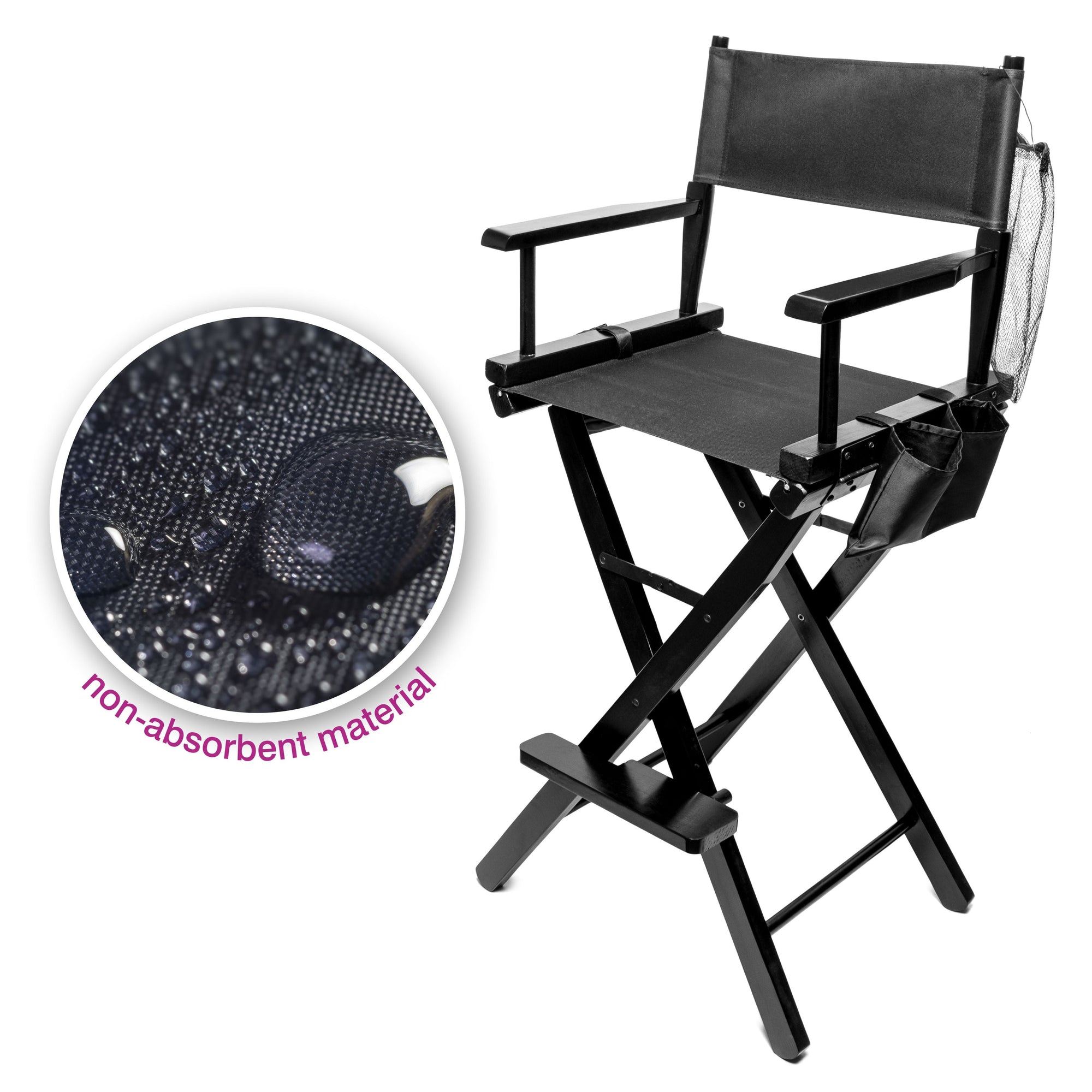 professional make up artist chair with hotspot image of close up of the woven waterproof non absorbent fabric used for the seat and backrest on chair