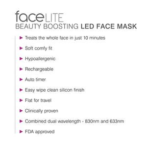 bulleted text of features of facelite beauty boosting LED face mask treats the whole face in just 10 minutes soft comfy fit hypoallergenic rechargeable auto timer easy wipe clean silicon finish flat for travel clinically proven combined dual wavelength 830nm and 633nm FDA approved