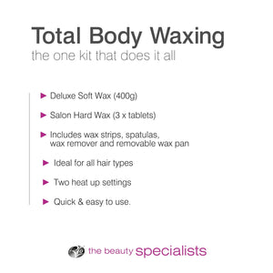 bulleted text listing features of total body waxing kit deluxe soft wax salon hard wax tablets includes wax strips, spatulas, wax remover and removable wax pan ideal for all hair types two heat up settings quick and easy to use 