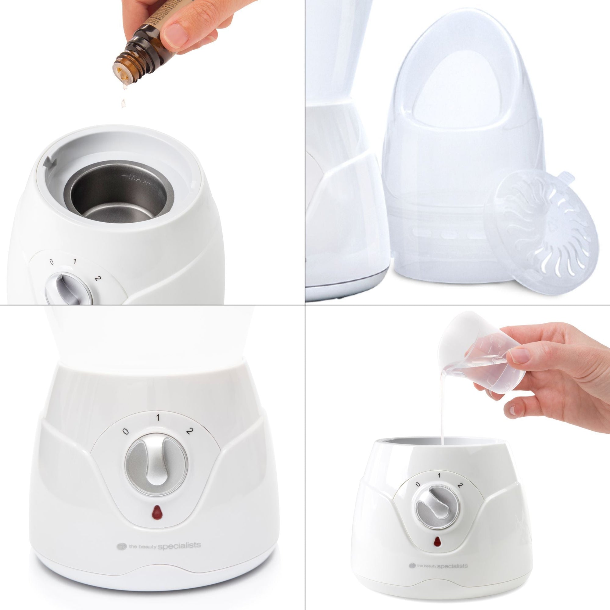 collage of images displaying how to use facial sauna with steam inhaler oil being dispensed into water reservoir detachable steam inhaler and oil vaporiser control to adjust steam level handy measuring cup pouring water into the water reservoir 