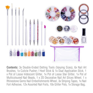 contents of nail art started kit laid out with list of whats included in kit