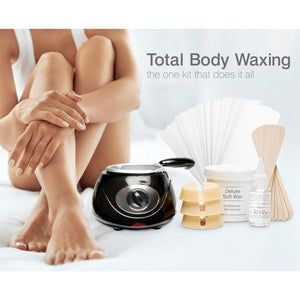 total body waxing kit placed on image of ladies smooth legs captioned the one kit that does it all