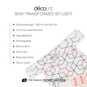 Bullet point list of features for the decoLITE LED light soft-fit mask.