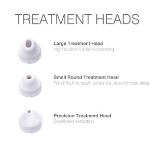 three detachable treatment heads listed by name and function large treatment head for high suction full face cleansing small round treatment head for difficult to reach zones precision treatment head for blackhead extraction