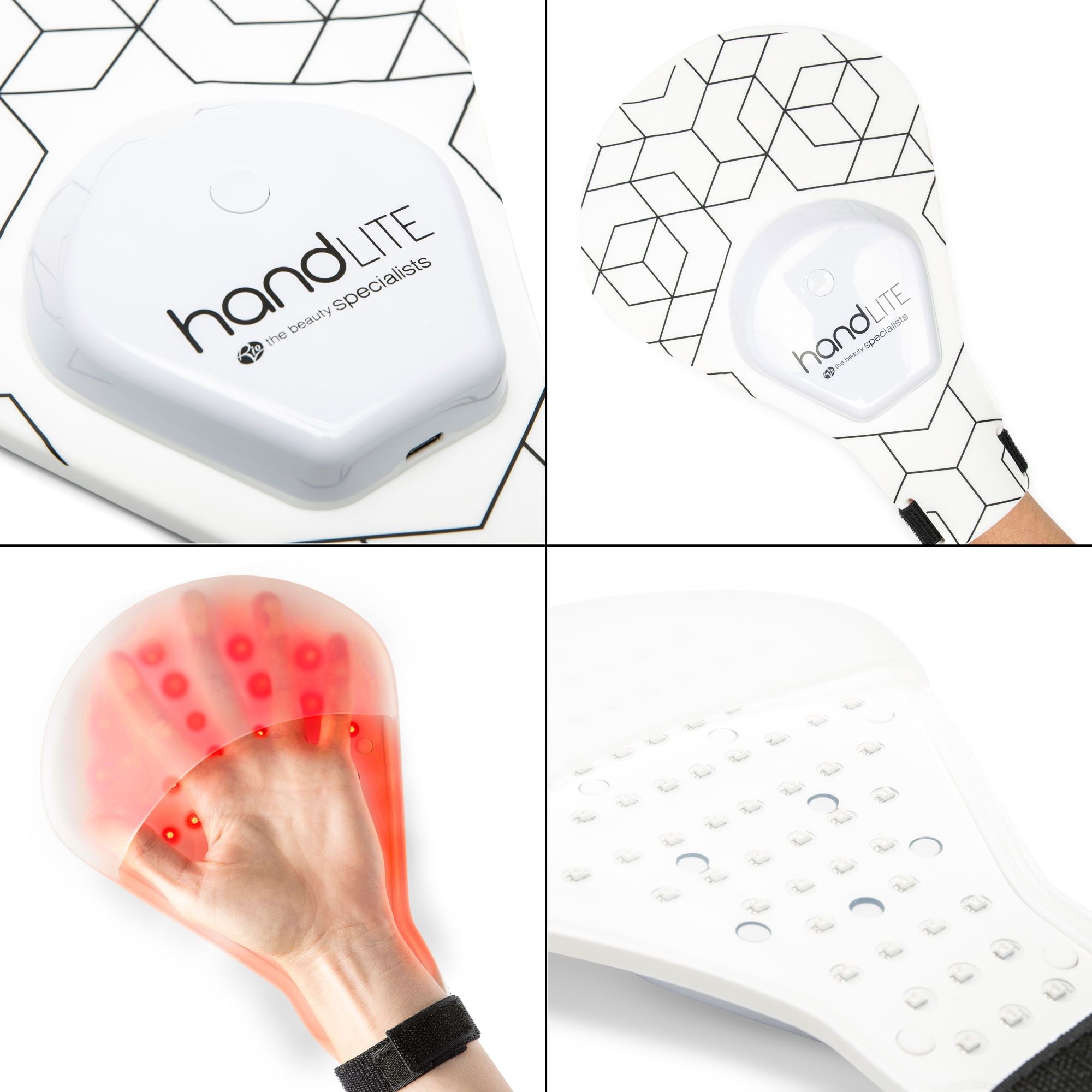 4 small images of the handLITE LED light treatment glove showing various features.