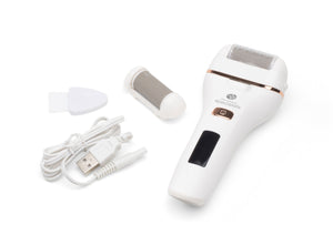 full kit contents including Go smooth 60 second pedi hard skin remover hand piece with protective cap, replacement roller, cleaning brush and USB charging cable