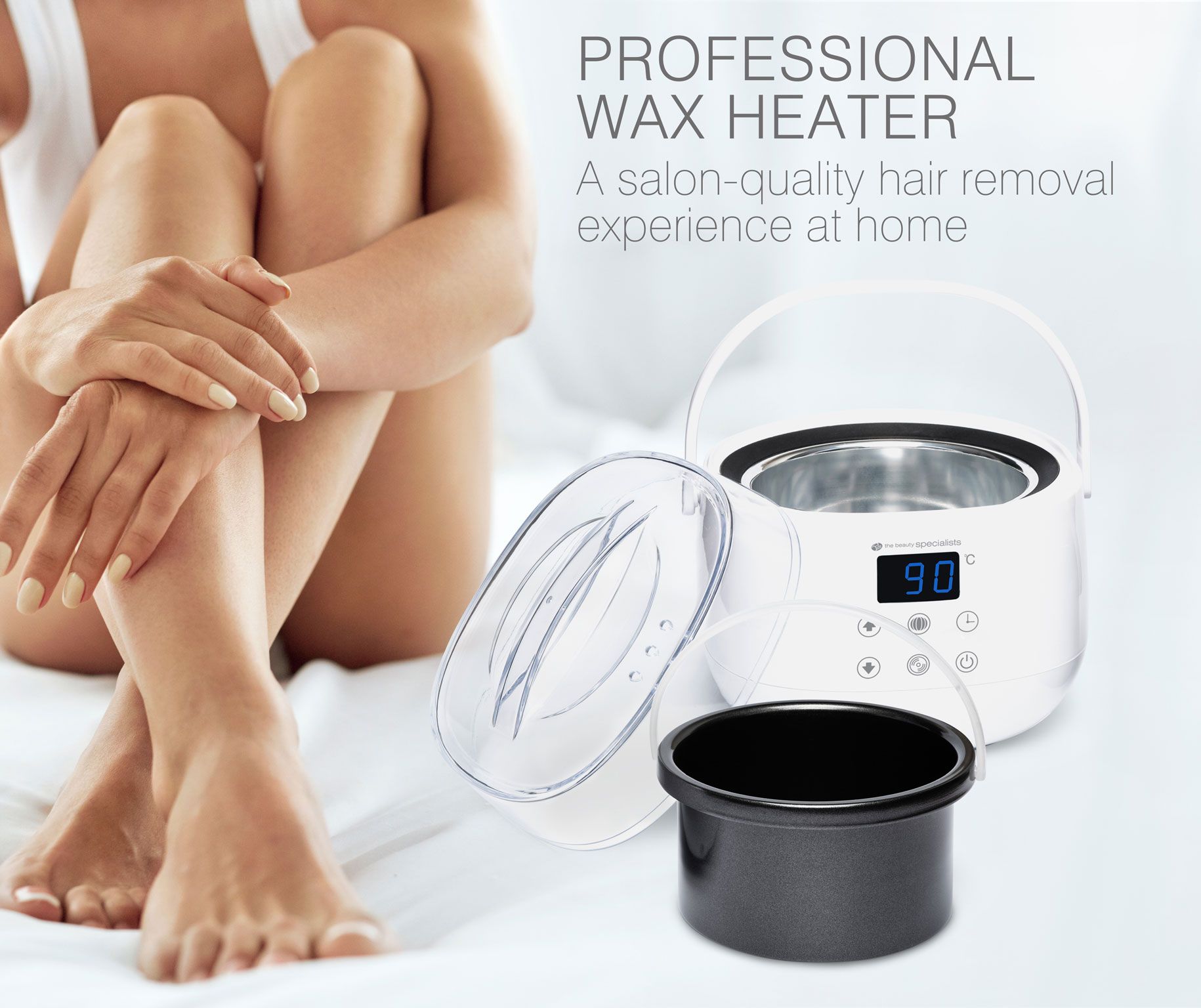 Professional wax heater ontop of image of ladies smooth legs captioned a salon-quality hair removal experience at home