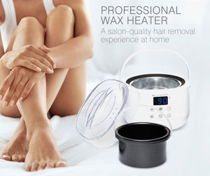 Professional wax heater ontop of image of ladies smooth legs captioned a salon-quality hair removal experience at home