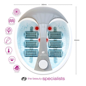 Deluxe Foot Spa with dimensions - 350mm wide by 430mm long.  Icons relating to the product are also shown.