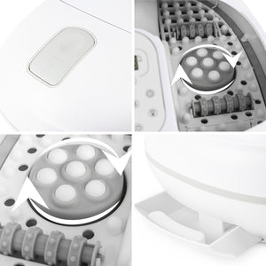 close ups of rotating foot roller massagers, pull out tray and splash cover lift button