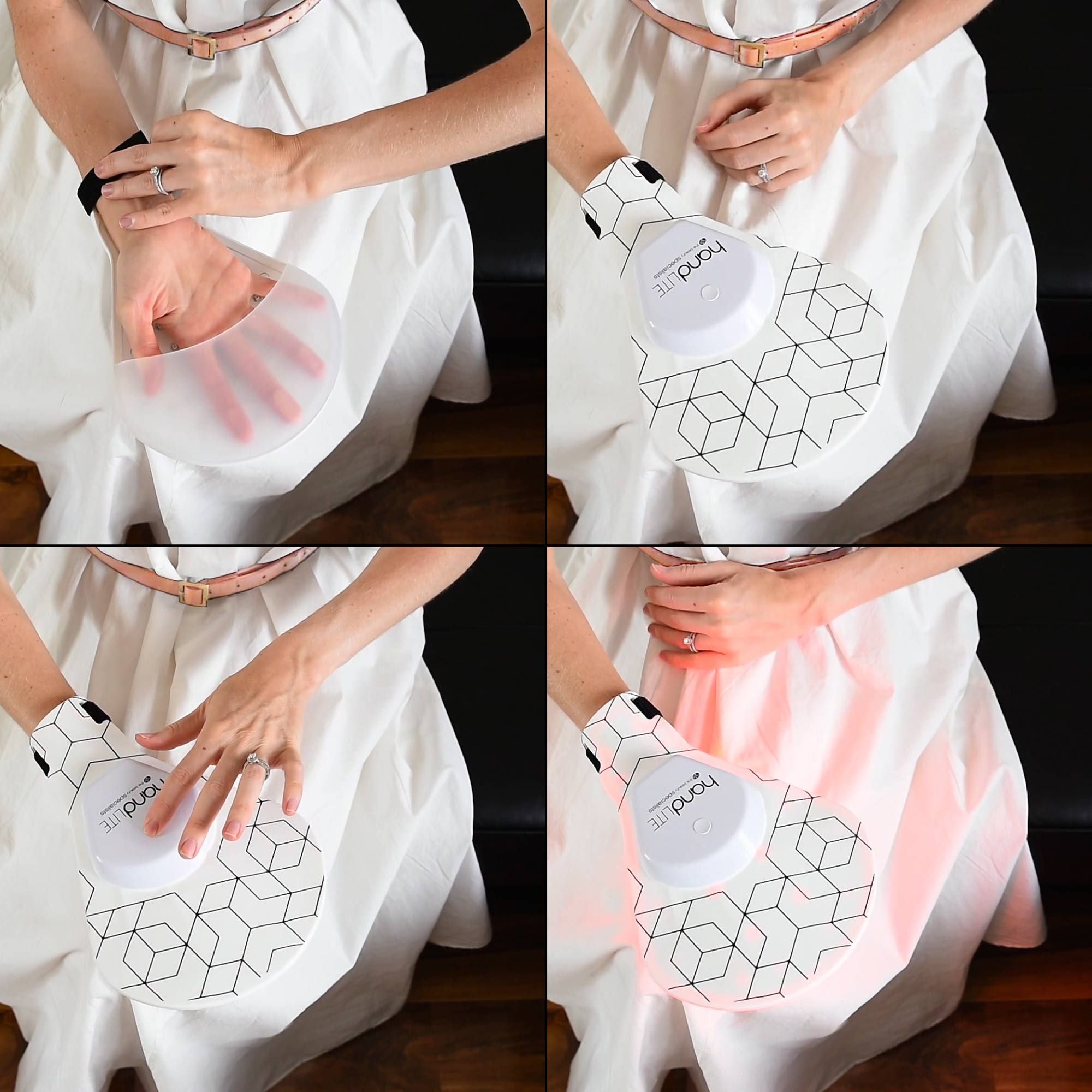 4 small images of the handLITE LED light treatment glove being worn by someone wearing a white dress.
