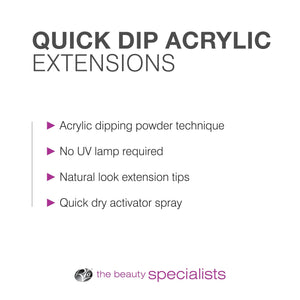 bulleted text listing features acrylic dipping powder technique no UV lamp required natural look extensions tips quick dry activator spray 
