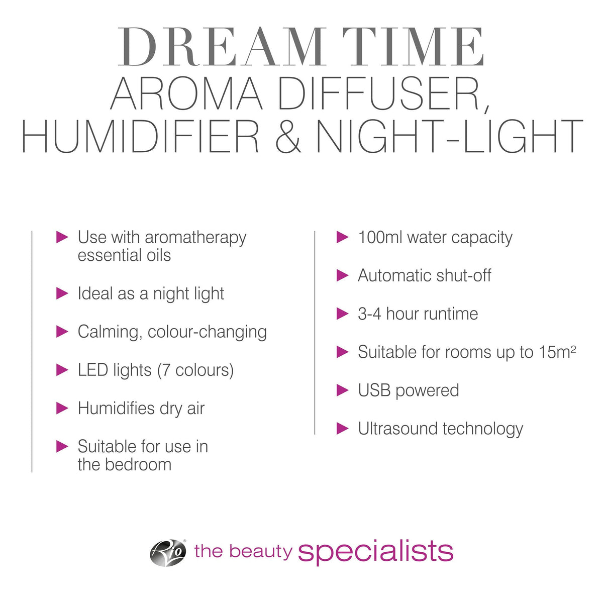 Dream Time Aroma Diffuser, Humidifier and Night Light Rio the Beauty