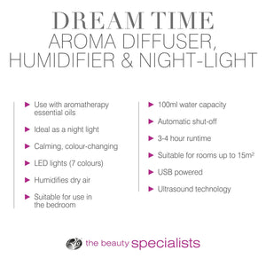 Dream Time Aroma Diffuser, Luchtbevochtiger en Nachtlampje