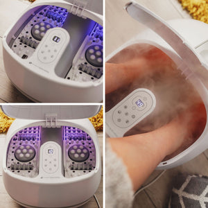 various images of deluxe steam foot spa being used in home setting 