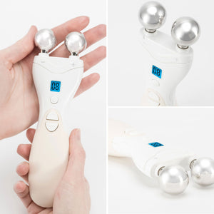 Collage of Rio lift plus 60 second face lift plus unit being held with two hands to illustrate size of product alongside a close up of the product at an angle showing the chrome massage heads alongside the unit laid on a flat surface