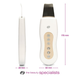 side view of ultrasonic facial cleanser with arrows labelling width 20mm alongside front view of ultrasonic facial cleanser with arrows labelling height 170mm