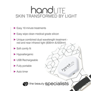 Bullet point list of features for the handLITE LED light treatment glove.