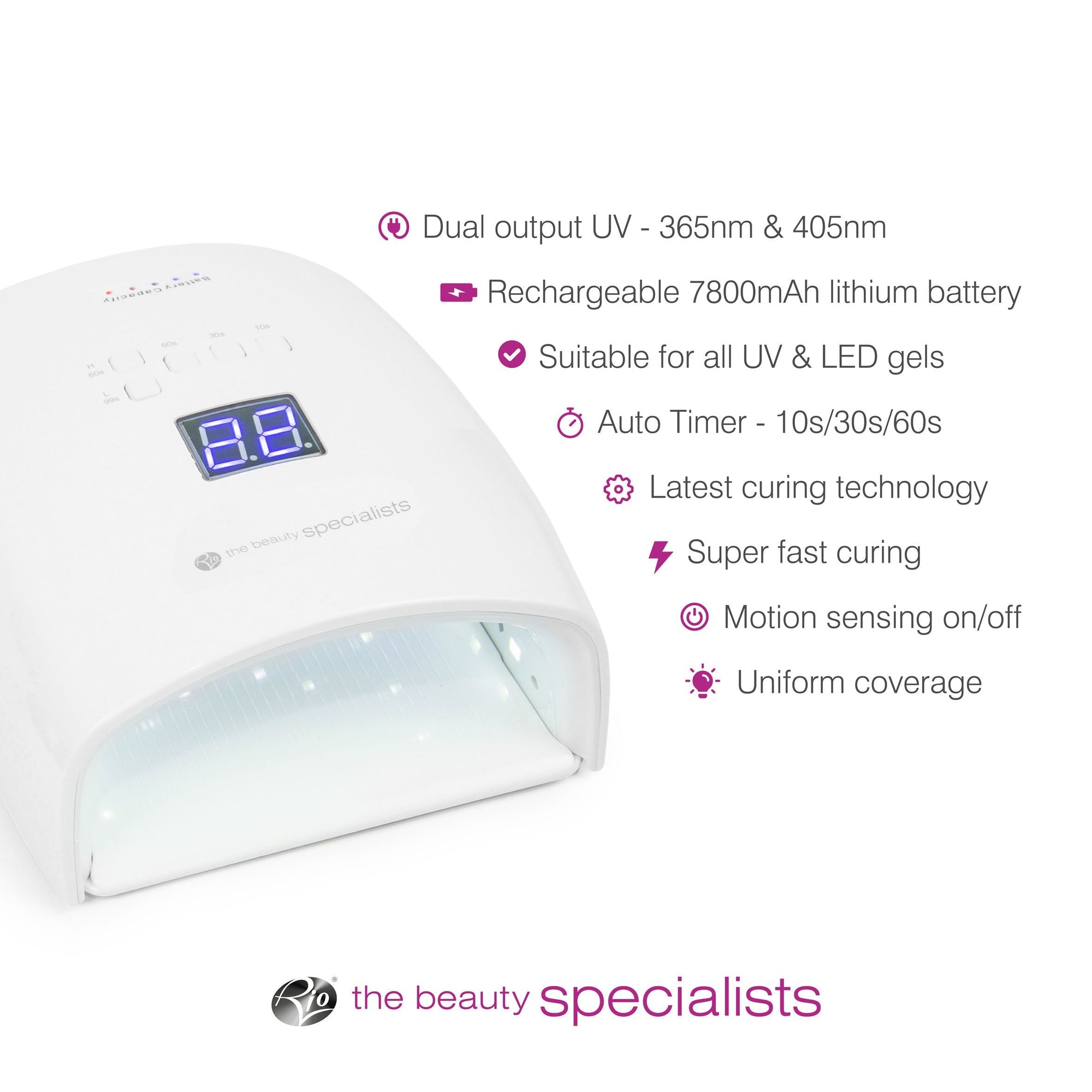 Salon Pro Rechargeable 48W UV & LED Lamp with infographic and list of features dual output UV 365nm & 405nm, rechargeable 7800mAh lithium battery, suitable for all UV & LED gels, Auto timer 10s/30s/60s, latest curing technology, super fast curing, motion sensing on/off, uniform coverage