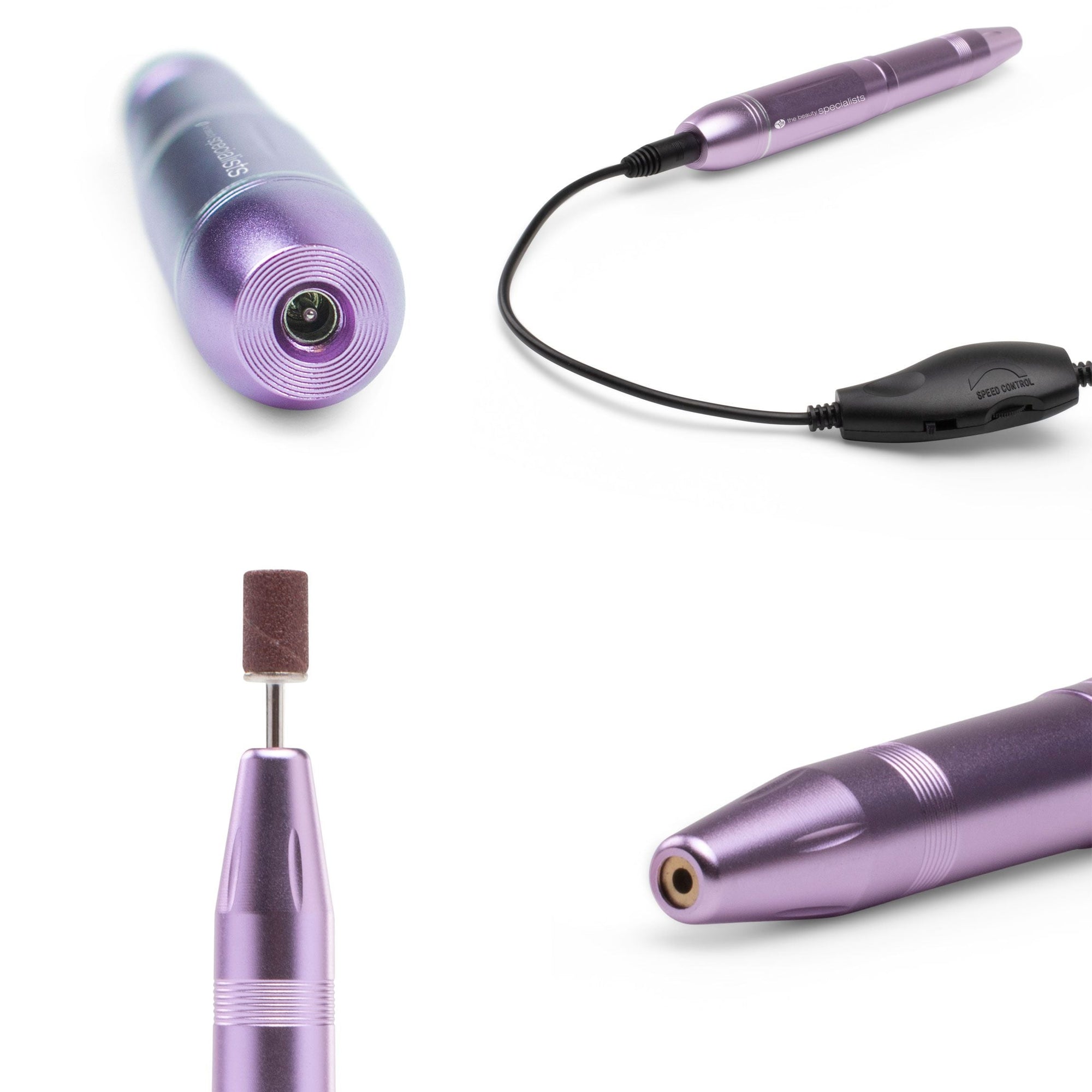 various angles of professional electric nail file showing cable port speed controller drill attachment and drill head